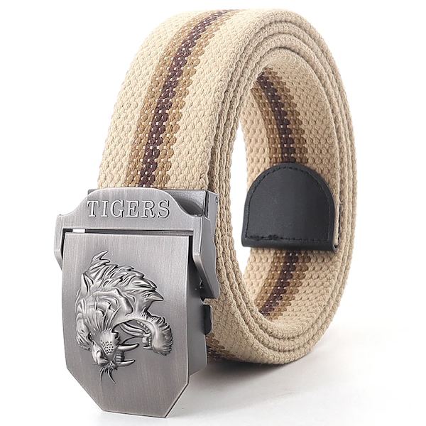 Ny canvas utomhus taktiskt armébälte 3D tigerhuvud Emblem metallspänne unisex jeansbälte för män Militärbälte Man sportrem Khaki stripes 130cm