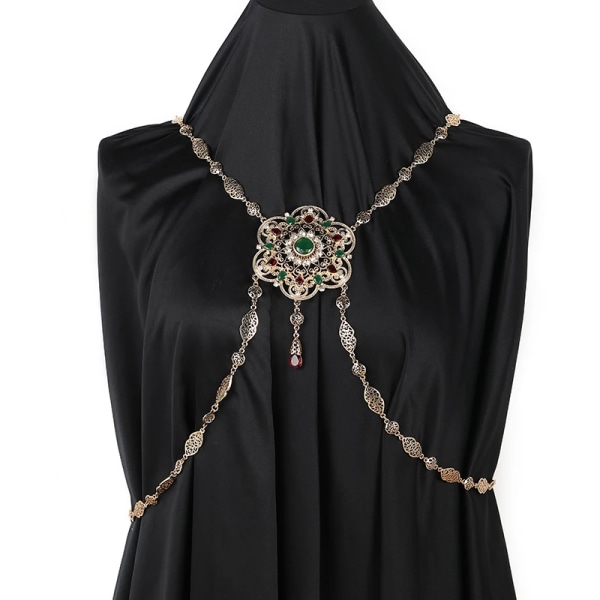 Marockanska bröllopsryggsmycken för kvinnor Blomdesign Guldfärg Kristall Axelkedja Smycken Kaftan långt halsband mix green stone 45cm