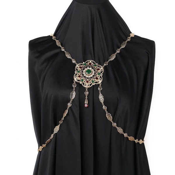 Marockanska bröllopsryggsmycken för kvinnor Blomdesign Guldfärg Kristall Axelkedja Smycken Kaftan långt halsband mix red  stone 45cm