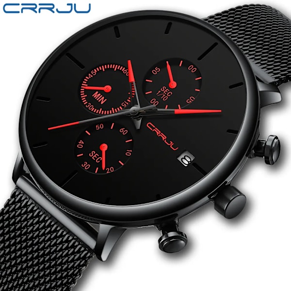 CRRJU Herrklockor Lyx Watch Unik design i rostfritt stål Auto Date Mesh Armband Män Mode Casual Quartz Klockor 2258-blue