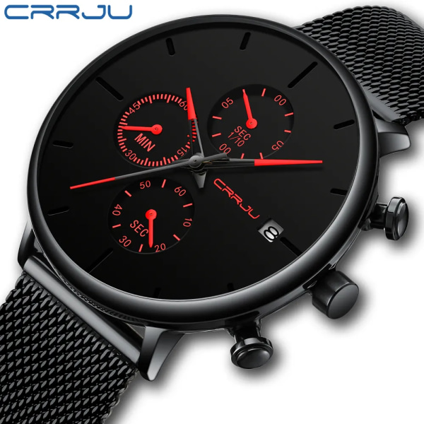 CRRJU Herrklockor Lyx Watch Unik design i rostfritt stål Auto Date Mesh Armband Män Mode Casual Quartz Klockor 2258-red BOX
