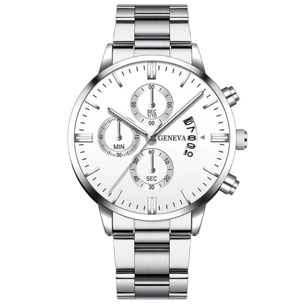 Mode herrklockor för män Lyx silver rostfritt stål watch armbandsur Man Business Calendar Watch Silver White