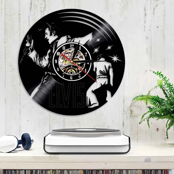Elvis LED Kreativ Design Vinylskiva Svart Väggklocka Vintage Dekorationer Väggur Tidmätare Med Lampor Heminredning without lights