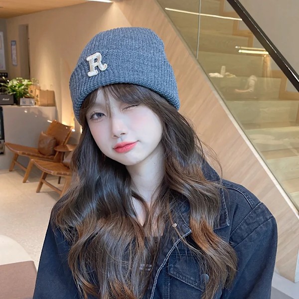 Ny R-bokstav Stickad Mössa för Kvinnor, Höst & Vinter, Trendig Casual Varm Koreansk Mössa blue