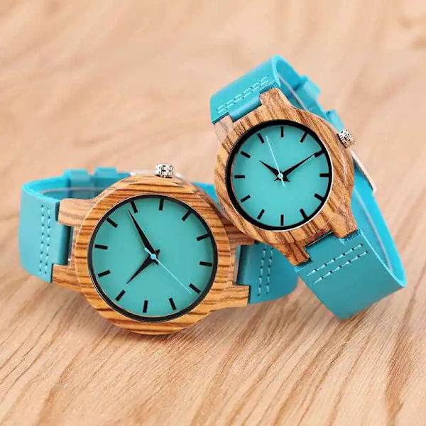 Top Lyx Royal Blue Wood Watch Quartz Armbandsur 100 % naturlig bambu Klocka Mode Läder Alla hjärtans dag Bästa presenterna 2020 NYHET Men Size