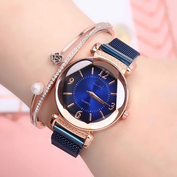 Watch Mode Vild Ny watch Magnetspänne Lyxig Gradient Dam Geometrisk Romersk siffra Quartz Movement Watch Blue