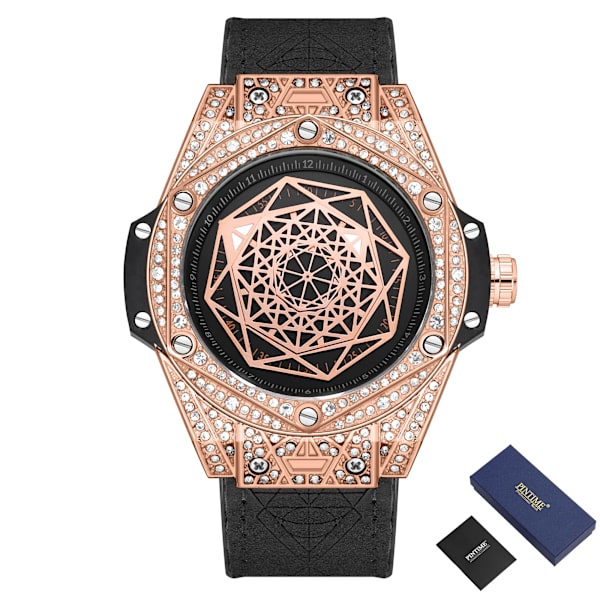 PINTIME Ny watch för män Fashion Big Dial Unika klockor Luxury Diamond Ice Out Vattentät Relogio Masculino 2023 Rose Gold Box