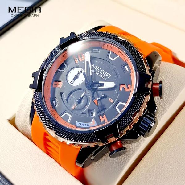 MEGIR Watch för män Orange silikonrem Sport Chronograph Quartz Armbandsur med datum 24-timmarsdisplay 3atm Vattentät Black Red-Box