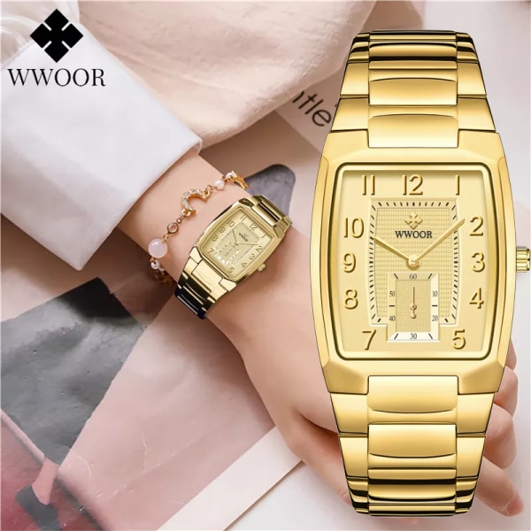 WWOOR 2023 New Gold Damklockor Creative Steel Damarmband Armbandsklockor Dam fyrkantiga Vattentäta Kvinnor Relogio Feminino Gold black box