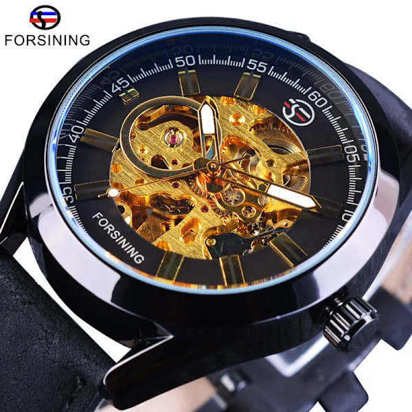 Forsining 2017 Herr Casual Watch Brunt äkta läderarmband Toppmärke Lyx Automatisk Watch Skelettklocka Black