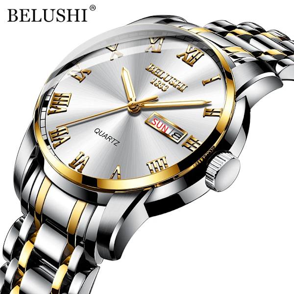 BELUSHI Herrmode Business Quartz Klockor Topp Lyx Märke Helt Stål Vattentät Analog Armbandsur Herr Kalenderklocka Silver Golden White
