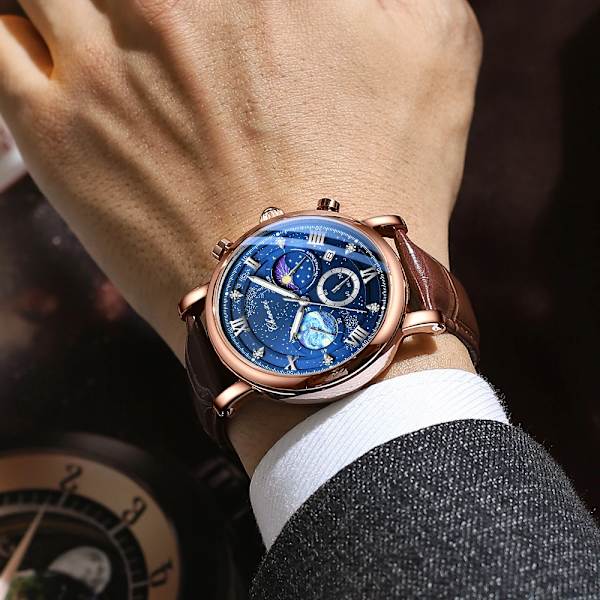 CHENXI Herrklockor Top Märke Lyx Läder Kronograf Watch För Herr Mode Date BusinessVattentät självlysande klocka RoseGold Blue Box