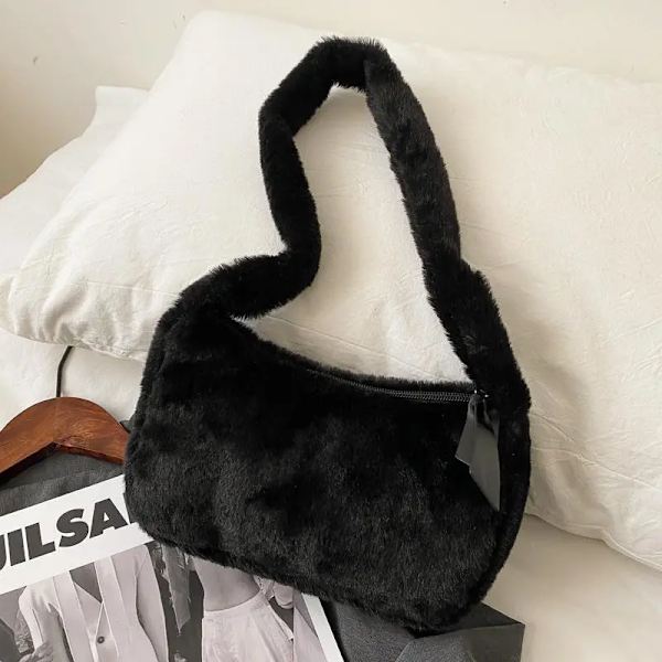 Enkel design Kvinnor Mjuk plysch Hobos Axelväskor Vinter Lurig Dam Clutch Handväska Mode Kvinnlig Underarm Väska Black 23x6x14cm