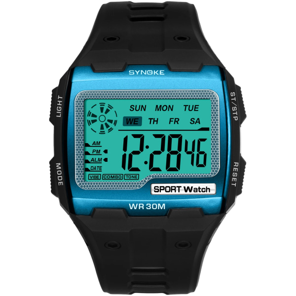 SYNOKE Digitala klockor för män Utomhussport Mode Multi Vattentät Stor urtavla Lysande armbandsur Väckarklockor män Blue