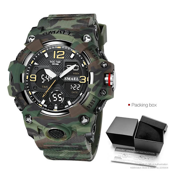 SMAEL Dual Time Watch för män Mode Vattentät Quart Digital Armbandsur Väckarklocka LED Bakgrundsbelysning Kalenderklockor 8008 Camo Green-Box