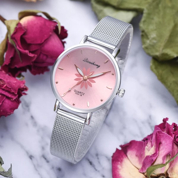 Klockor För Dam Lyx Silver Populär Rosa Urtavla Blommor Metall Damarmband Quartz Clock Watch Ny klocka rose red