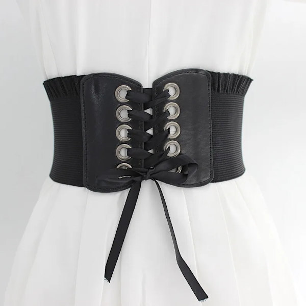 Broderad Svart Dam Bälte Blomma Midjekorsett Vacker Stretch Elastisk Midjeband Bred Korsett PU Läder Midja Smal black 1 69-95cm
