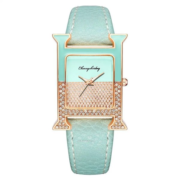 Rektangel Elegant Kvinnor 2022 Modeklockor Diamant Lyx Läder Dam Quartz Watch Kvaliteter Kristallurtavla Kvinnlig klocka Green