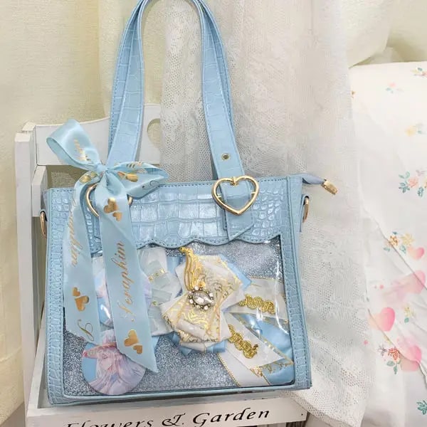 HAEX Kawaii Ita-väskor Dammode japansk stil Harajuku Lolita Ribbon Crossbody-axelväskor PU Small Heart Bolso Mujer Blue 24x20x11cm