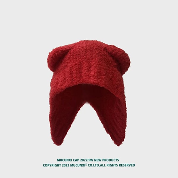Nya Öron Höst Vinter Beanies Söta Säkerhetsbjörnar Hatt För Kvinnor Varm Tjock Lamb Fleece Resehätt Pullover Utomhus Dammössa Red Adult average size