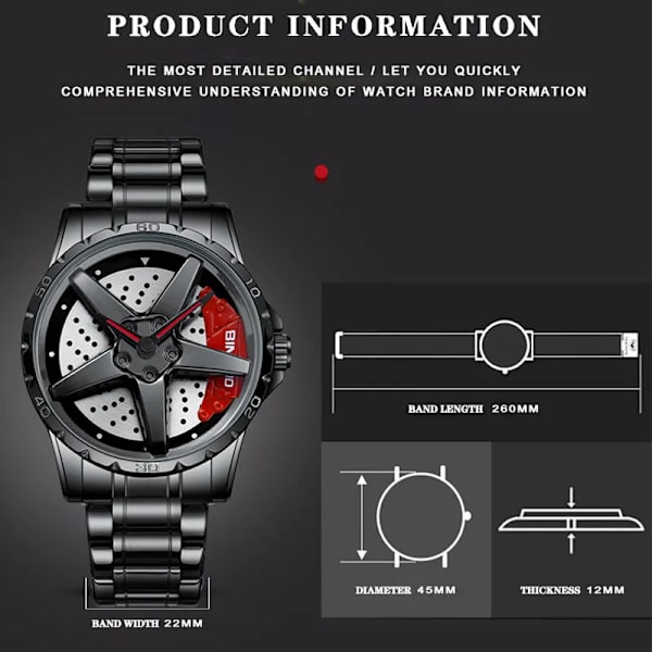 BINBOND Rotation Rim Hub Watch Herrklockor Vattentät rostfritt stålhjul Quartz Armbandsur Herr Relogio Masculino Mesh Silver Red