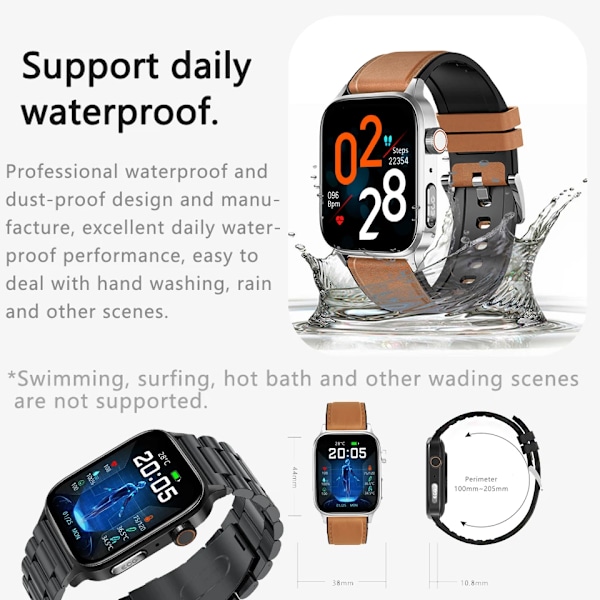 Ny icke-invasiv watch för blodsocker Män Röstringning Armbandsur Kroppstemperatur Stresstest EKG+PPG NFC Smartklocka Black belt