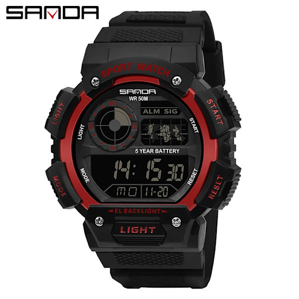 SANDA Herr Elektronisk Watch Lysande Vattentät Multifunktionell Utomhussport Herrklockor Watch Relogio Masculino 6009 Black Red