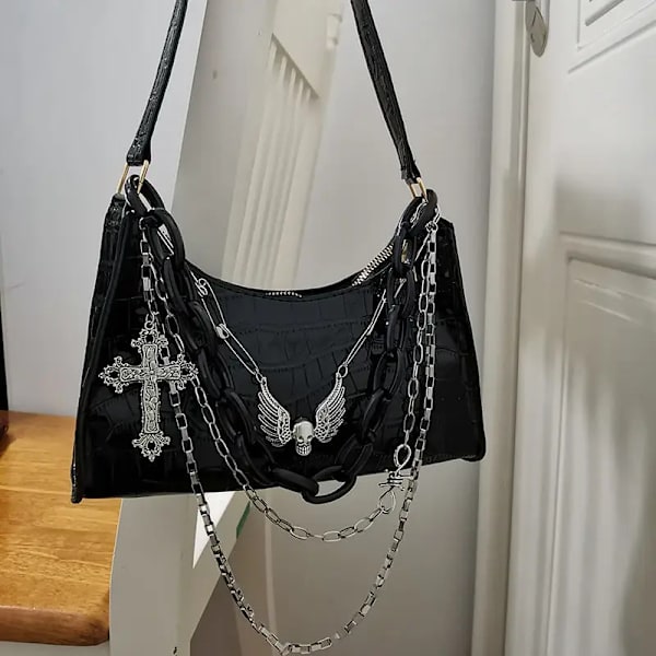 MBTI Y2k Hot Girl Kedja Krokodilmönster Handväska Sommar Subkultur Mörk Punk Underarmsväska Cross Skull Axelväska Black 24X14X6
