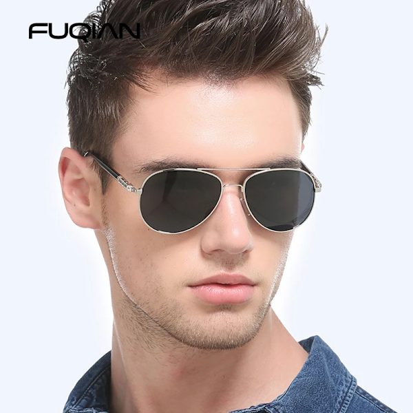 FUQIAN Mode Pilot Män Polariserade Solglasögon Oversized Metal Aviation Man Solglasögon Klassiska Svarta Driving Shades UV400 Gun Black Polarized