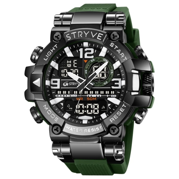 Ny STRYVE- watch för män Digital-Analog Dual Movement Lysande kalender Vattentäta klockor Mode Watch 8025 Black Green