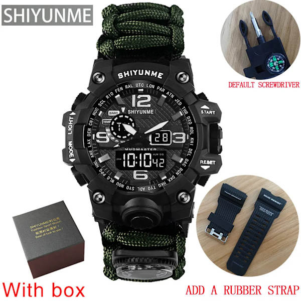 Utomhus Survival Watch Multifunktionell Vattentät Militär Taktisk Paracord Watch Armband Camping Vandring Nödutrustning green with box strap