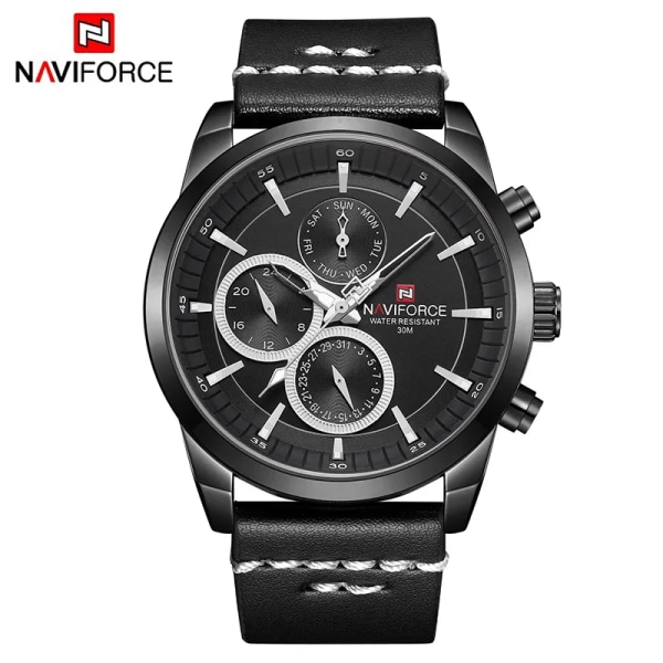 Herrklockor NAVIFORCE Toppmärke Lyx Vattentät 24 timmar Date Quartz Watch Man Mode Läder Sport Armbandsur Watch Black