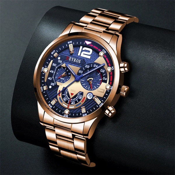 Lyx herrklockor Mode rostfritt stål Watch Kalender Datum Lysande klocka Män Business Casual Watch Leather Black Gold