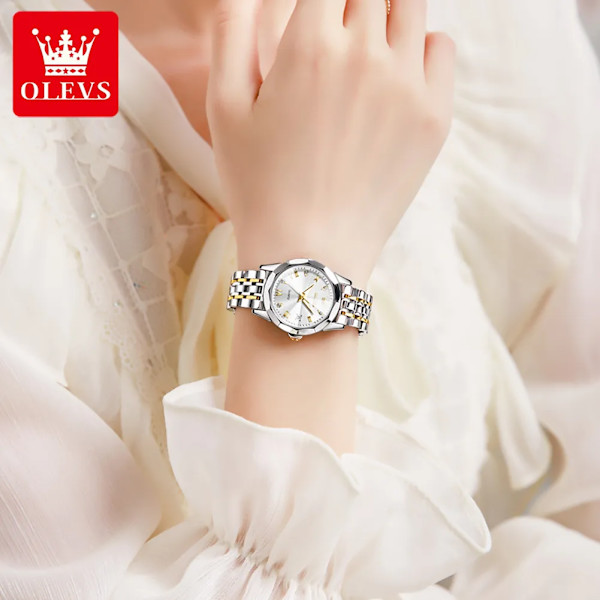 OLEVS Toppmärke Damklockor Elegant Rhombus Mirror Original Quartz Damarmbandsur Rostfritt stål Vattentät Lysande Ny gold white