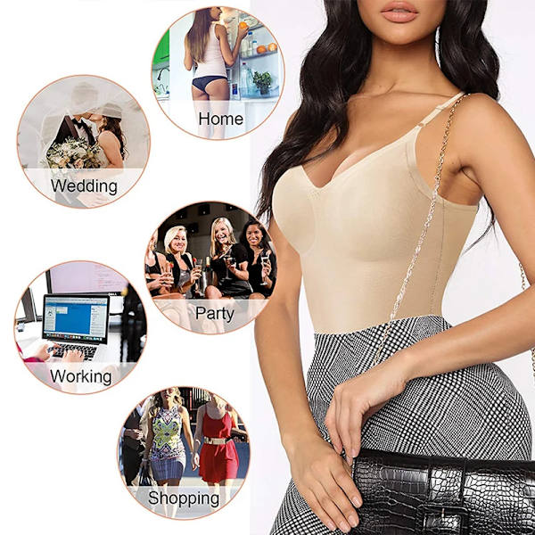 Push Up Full Body Shapewear Kvinnor Bantning Kroppsformare Body Slida magkontroll Överbyst Justerbar Korsett axelrem Beige M