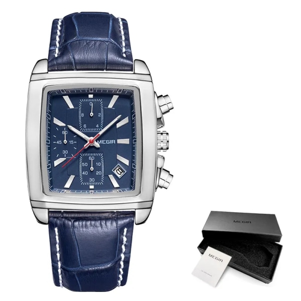 MEGIR nya casual märke klockor män hett mode sport armbandsur man kronograf läder watch för manlig lysande kalender timme Silver blue-Box