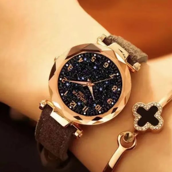 Lyx Starry Sky Watch For Women Mode Dam Quartz Armbandsur Rött Läder Vattentät Klocka relogio feminino zegarek damski Grey