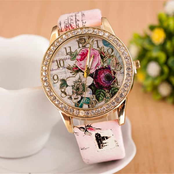 HET FÖRSÄLJNING!!! Kvinnor Rhinestone Inlagd Blomma Rund Urtavla Faux Läder Band Kvarts Watch Mode Kvarts Watch Kvinnor C