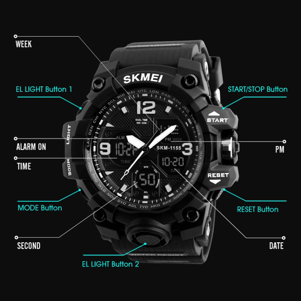 SKMEI 2 Time Herrklocka Man Elektroniska Sportklockor Stoppur Bakljus Alarm Vattentät Quartz Clock reloj hombre 1155B Camouflage grey