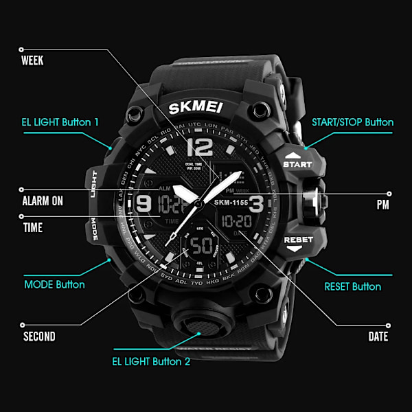 SKMEI 2 Time Herrklocka Man Elektroniska Sportklockor Stoppur Bakljus Alarm Vattentät Quartz Clock reloj hombre 1155B Red Watch