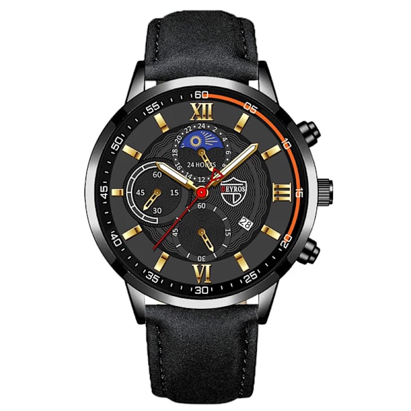 Lyxmode herrsportklockor män affärsklockor i rostfritt stål kvarts klockor man casual läderrelogio masculino Leather Black Gold