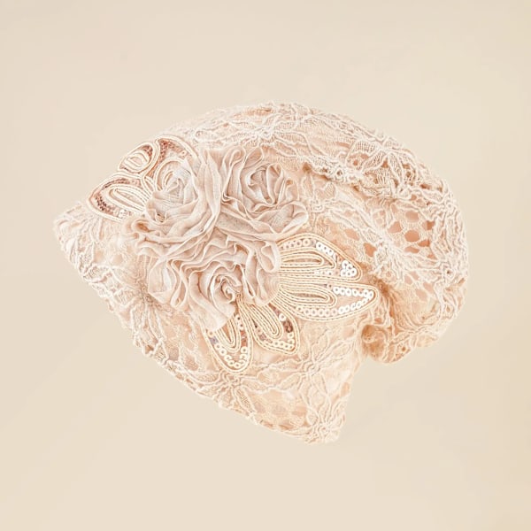 Dam Beanie Hatt med Spets för Vår & Höst - Unik Svart Hatt med Blommor - Etnisk Stil Stickad Mössa Beige