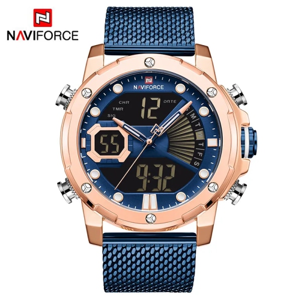 NAVIFORCE Originalklockor för män Lyxmärke Quartz Dual Display Militär watch Mesh stålband Vattentät klocka RGBEBE