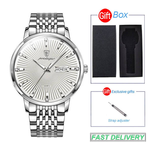POEDAGAR Lyx Business Herrklockor Sport Märke Rostfritt Stål Lysande Vattentät Quartz Armbandsur For Man Kalender 2023 Ny silver white and box