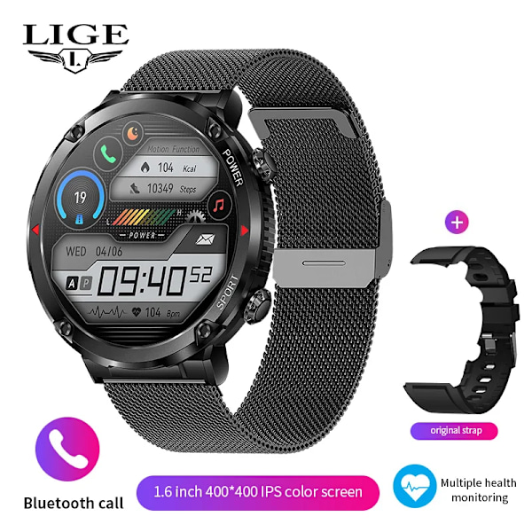 LIGE Smart Watch Herr 1,6 tum Full Touch Armband Health Monitor Sportklockor Bluetooth Call Smart Clock Herr Smartwatch Mesh belt black 600mA-Bluetooth call