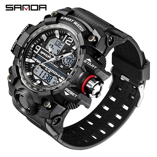 SANDA Mode Herrklockor LED Sport Vattentäta Klockor Herr Topp Lyxmärke Digital Man Quartz Watch Relogio Masculino 3133 Black white