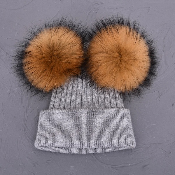 Dubbel Pompom-mössa för kvinnor, vintermössor, stickade mössor, mössor, beanies, flickor, två pompom-mössa Light grey natural