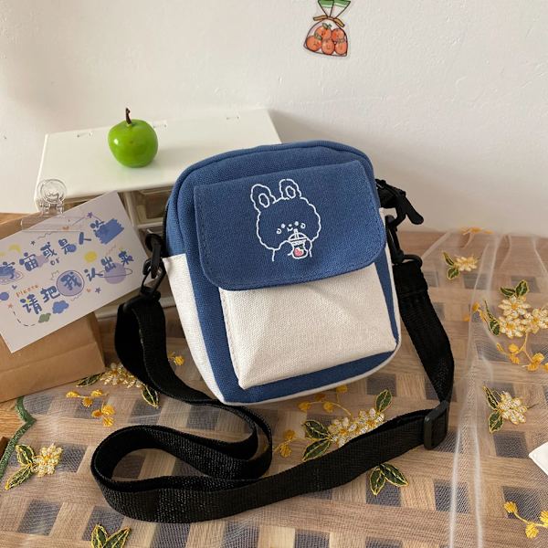 Mode Kvinnor Tecknad filmtryck Kontrastfärg Canvas Crossbody Axelremsväska Casual Damer Mini Handväskor Flap Handväska Blue