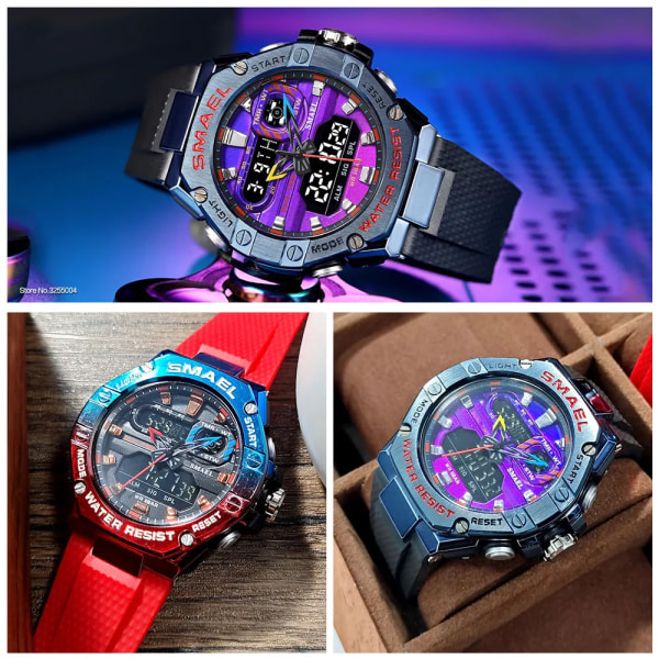 SMAEL Dual Time Röd Digital Watch Herr Militär Sport Chronograph Quartz Elektroniskt Armbandsur med Date Week Vattentät 8066 Blue Purple
