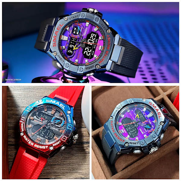 SMAEL Dual Time Röd Digital Watch Herr Militär Sport Chronograph Quartz Elektroniskt Armbandsur med Date Week Vattentät 8066 Green-Box